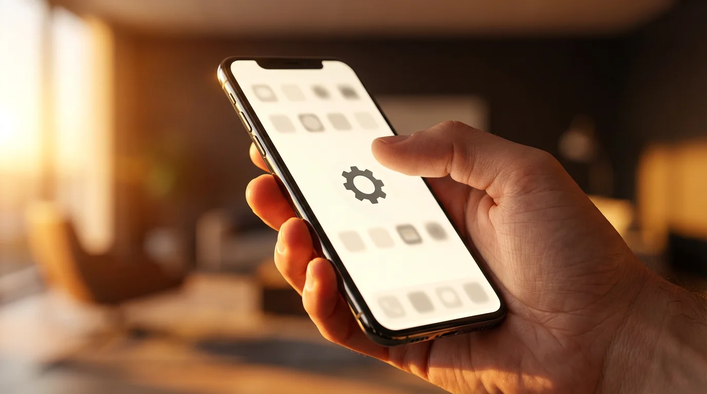 Low angle photo of a person's hand tapping the settings gear on a phone during golden hour.