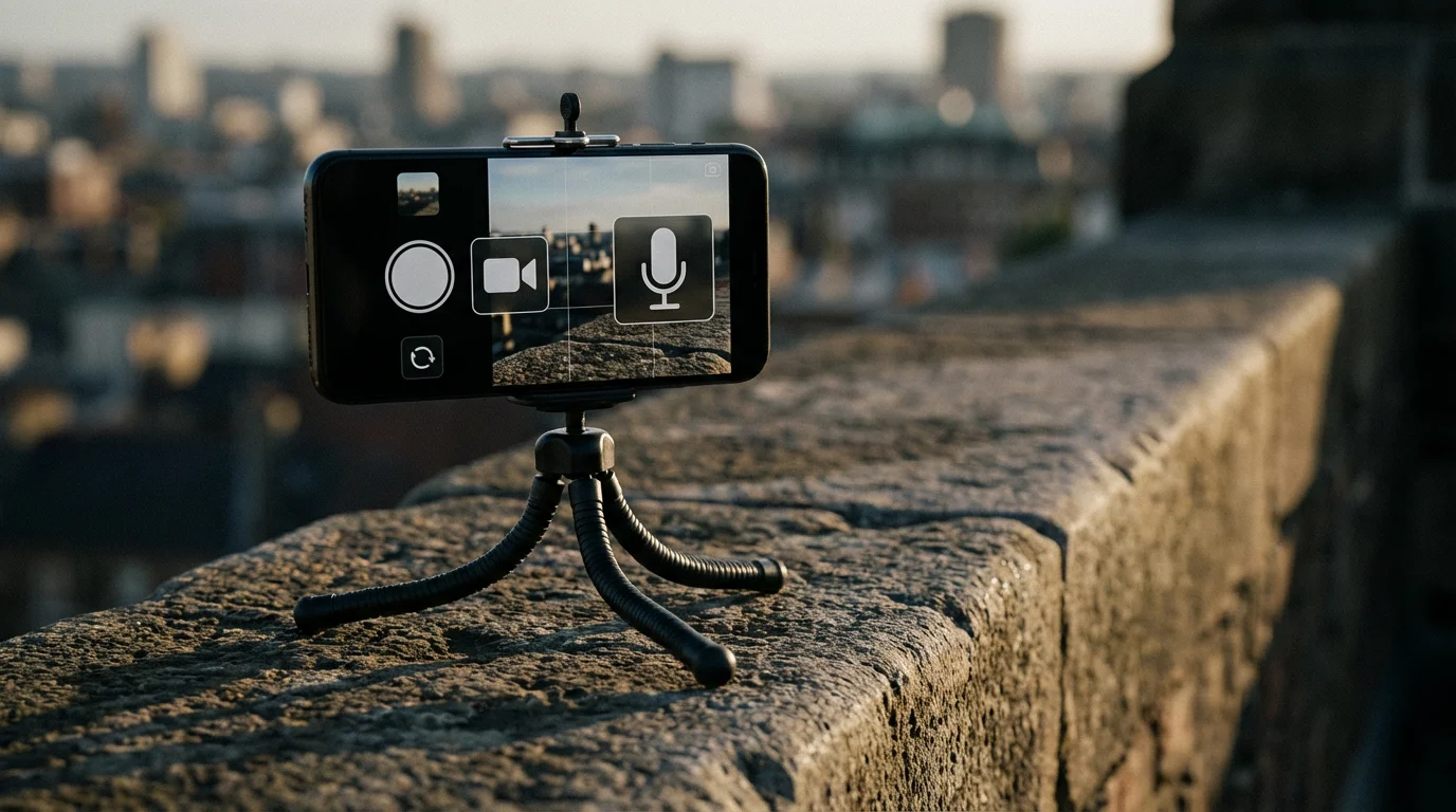 Low angle photo of a smartphone on a mini-tripod showing enlarged, accessible camera controls.