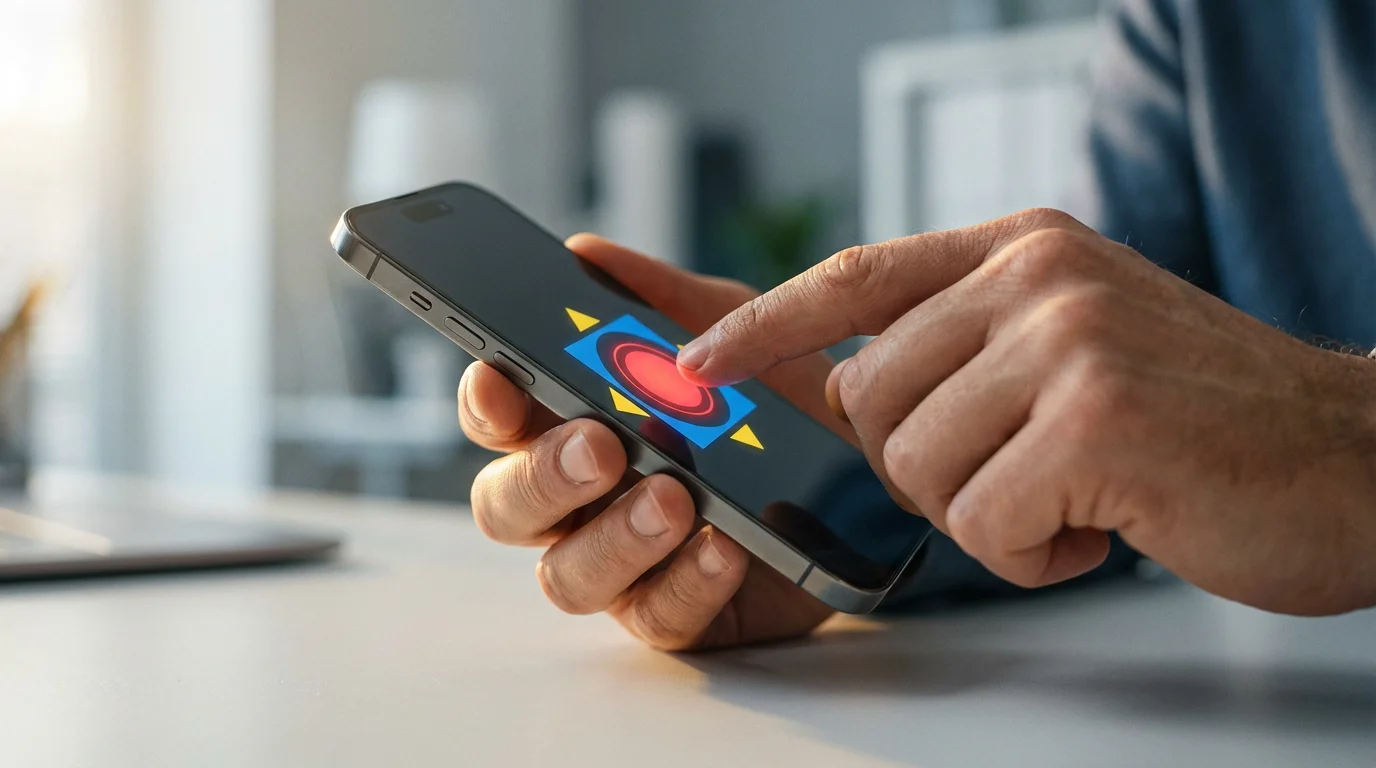 Low angle photo of hands holding a smartphone, troubleshooting settings in soft morning light.
