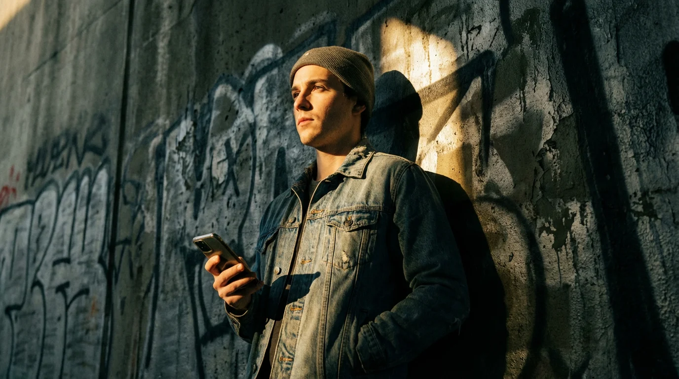 Low angle photo of person holding smartphone in dramatic afternoon light and shadow.