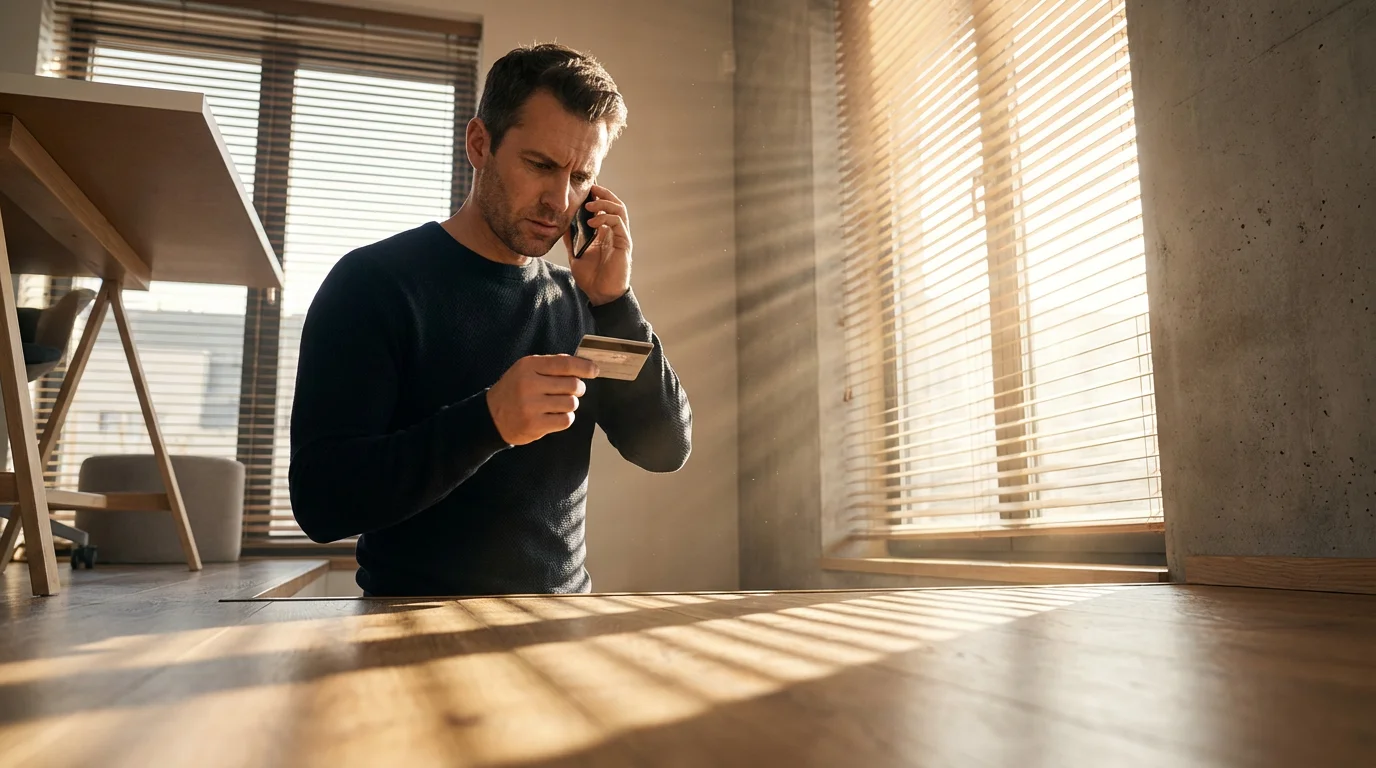 Low angle photo of person making urgent phone call holding credit card in moody lighting.