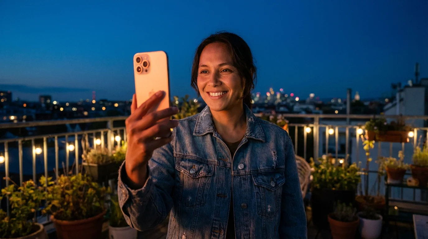 Low angle photo of person video calling on smartphone during blue hour evening.
