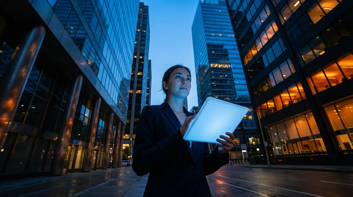 Low angle photo of person viewing tablet in city at blue hour evening
