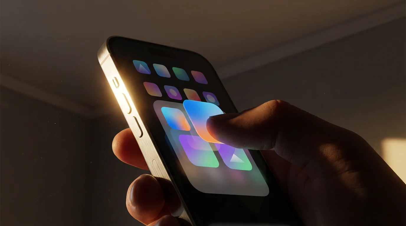 Low angle shot of a hand merging smartphone apps into a folder in dramatic lighting.