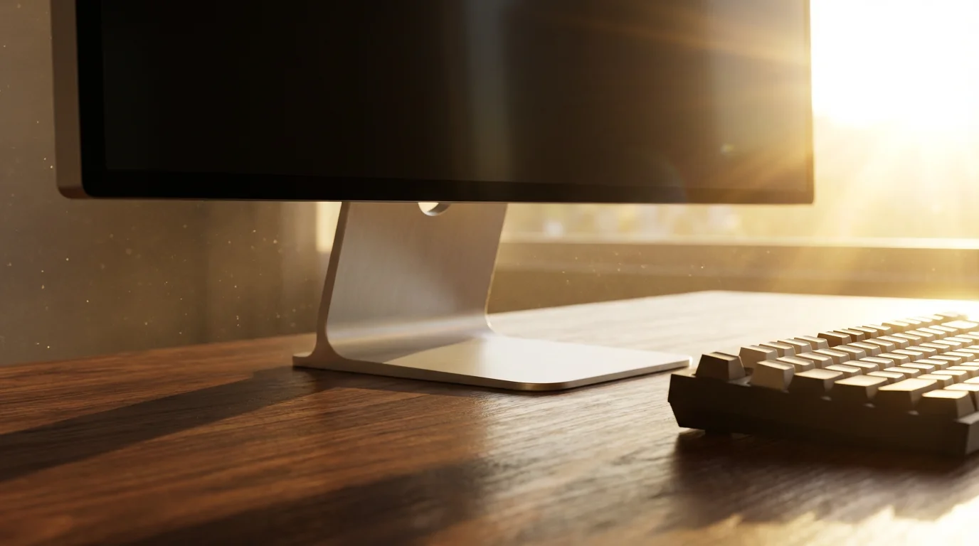 Low angle view of a computer desk in warm golden hour lighting with screen off