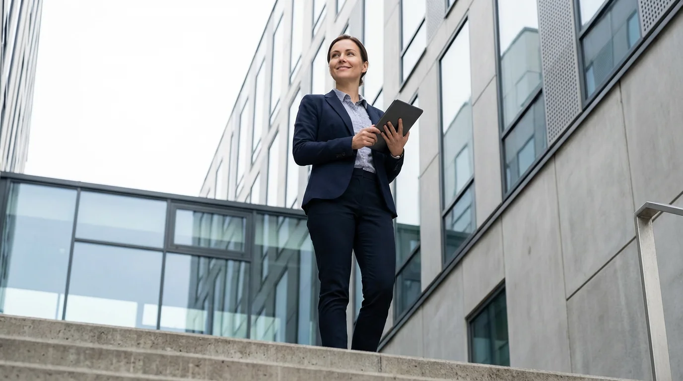 Low angle view of a confident woman holding a tablet outdoors representing digital empowerment.
