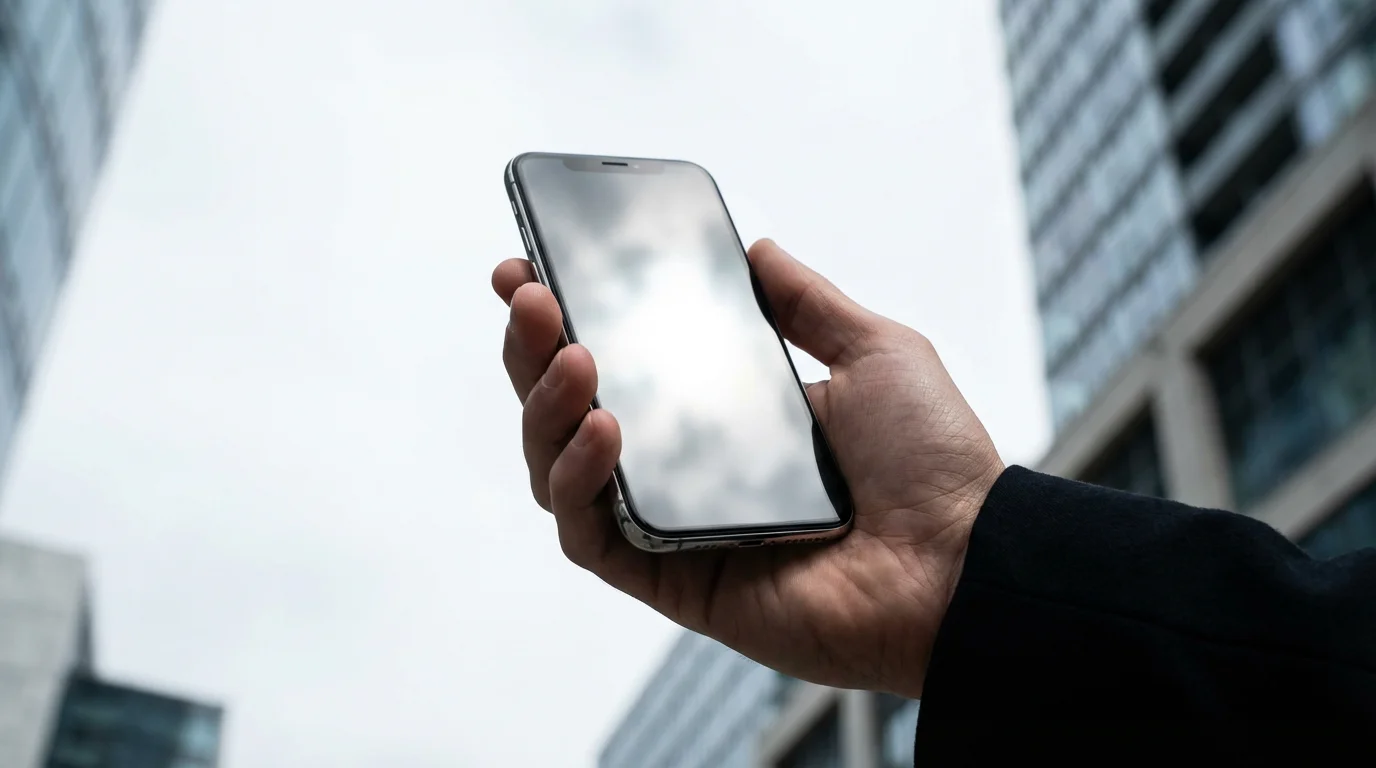 Low angle view of a hand holding a smartphone against a bright cloudy sky.