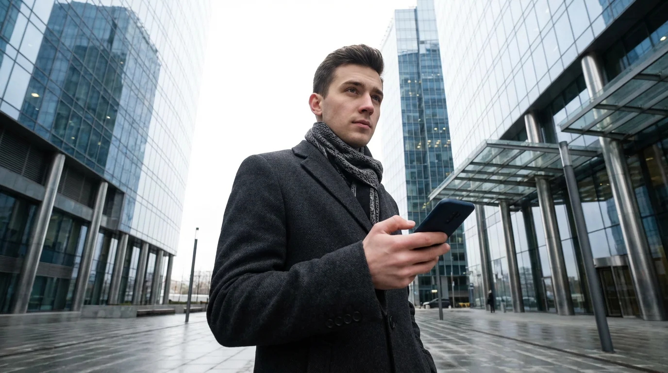 Low angle view of a man checking smartphone privacy settings outdoors.