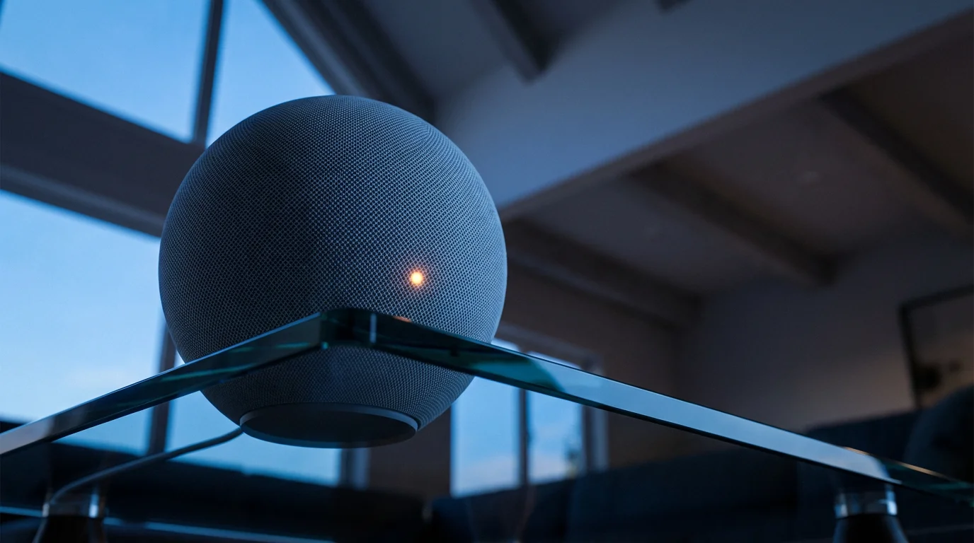 Low angle view of a round smart speaker on a table in blue evening light