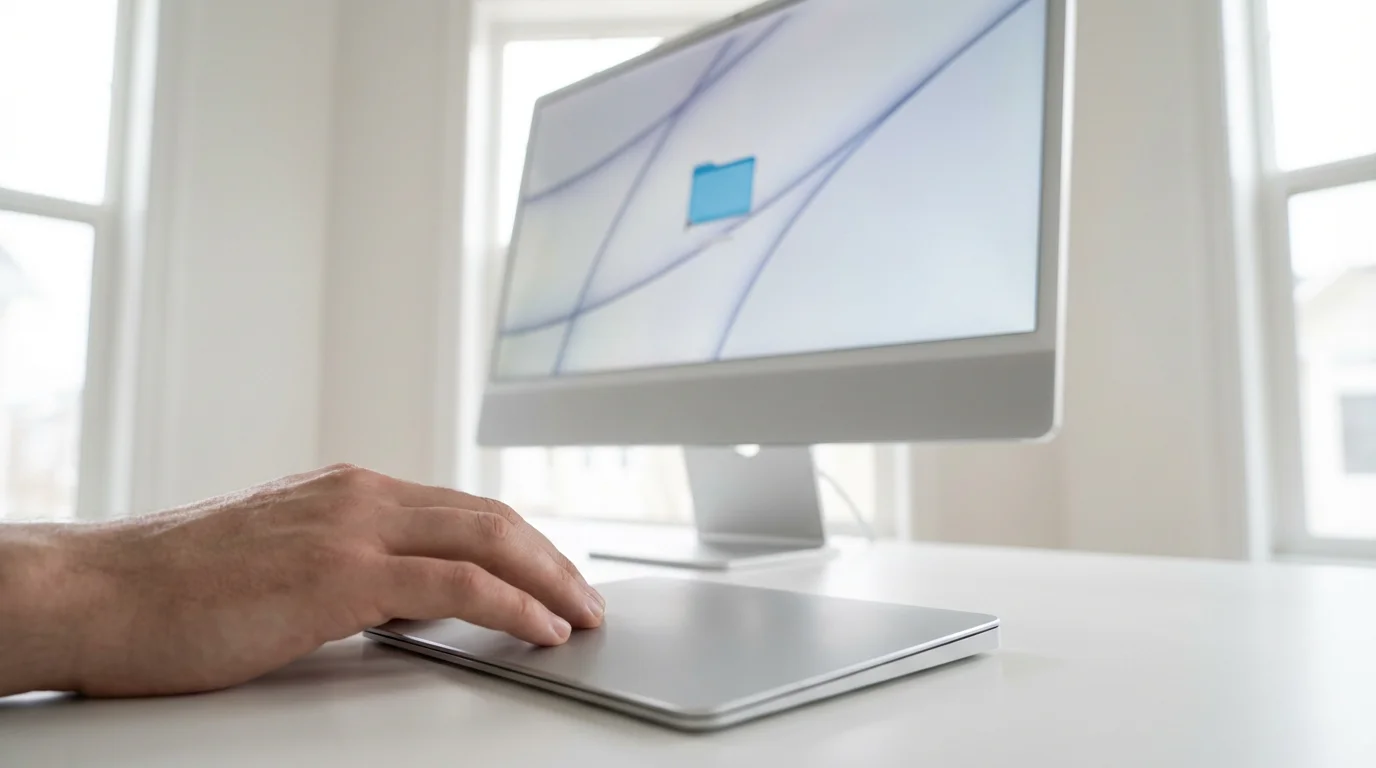 Low angle view of a sleek computer workspace showing a folder icon on screen.