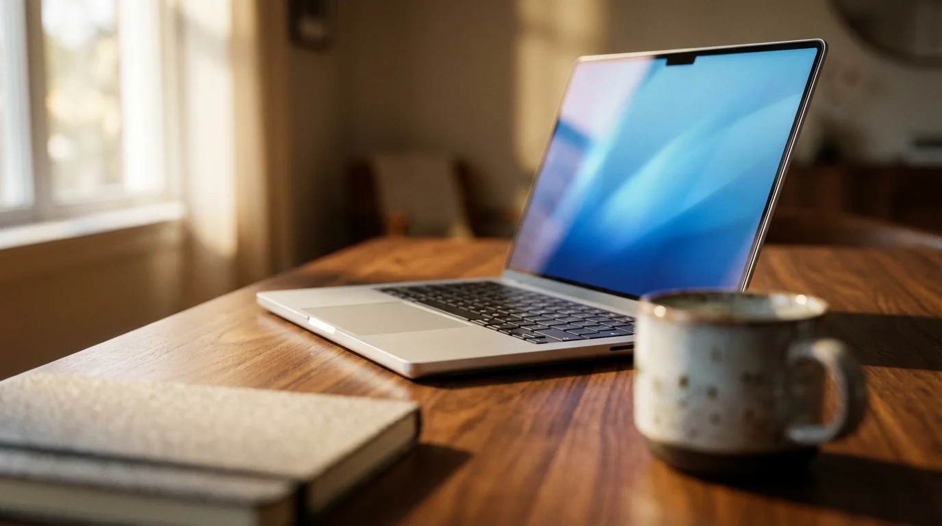 Low angle view of a tidy modern desk workspace with a laptop in natural light.