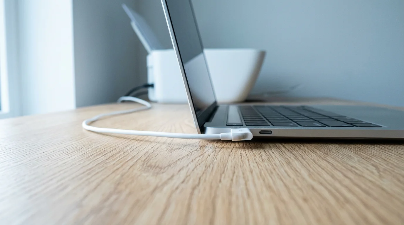 Low angle view of a USB cable connecting a silver laptop to a printer.