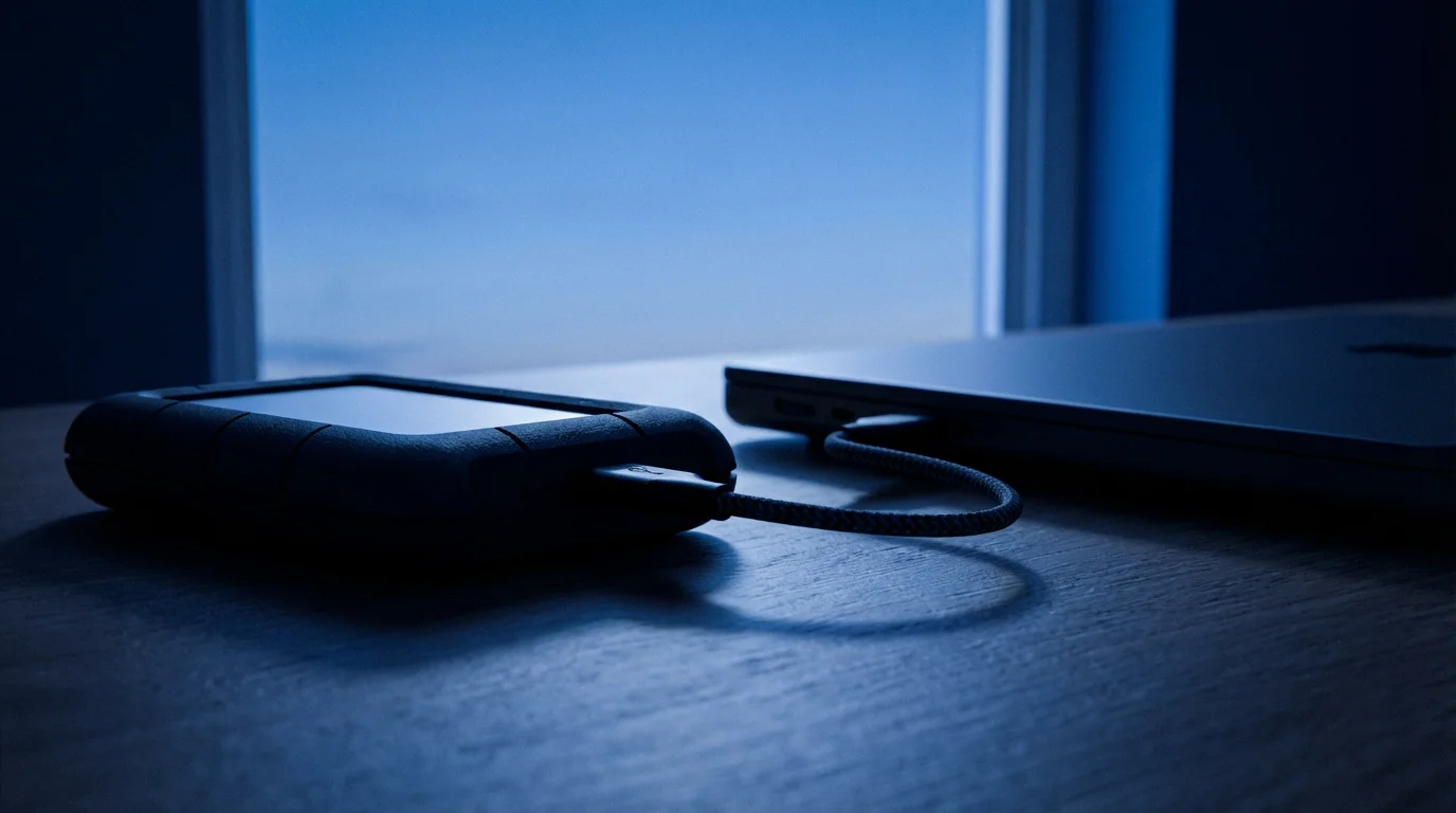Low angle view of external hard drive connected to laptop on desk during blue hour.