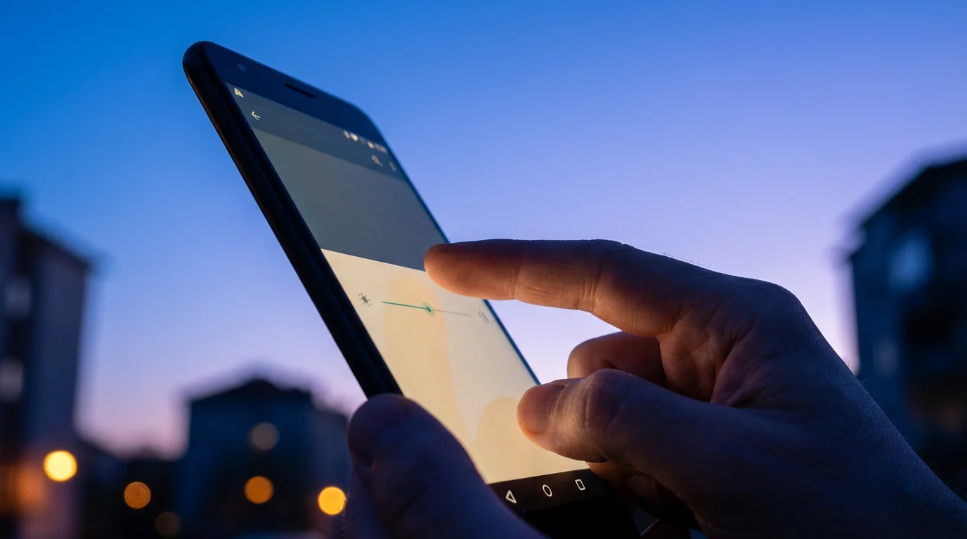 Low angle view of hand adjusting phone brightness slider during evening blue hour.