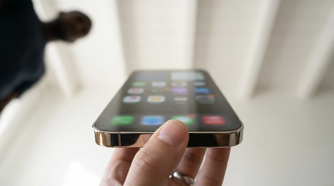 Low angle view of hand holding smartphone interacting with bottom screen area in morning light.