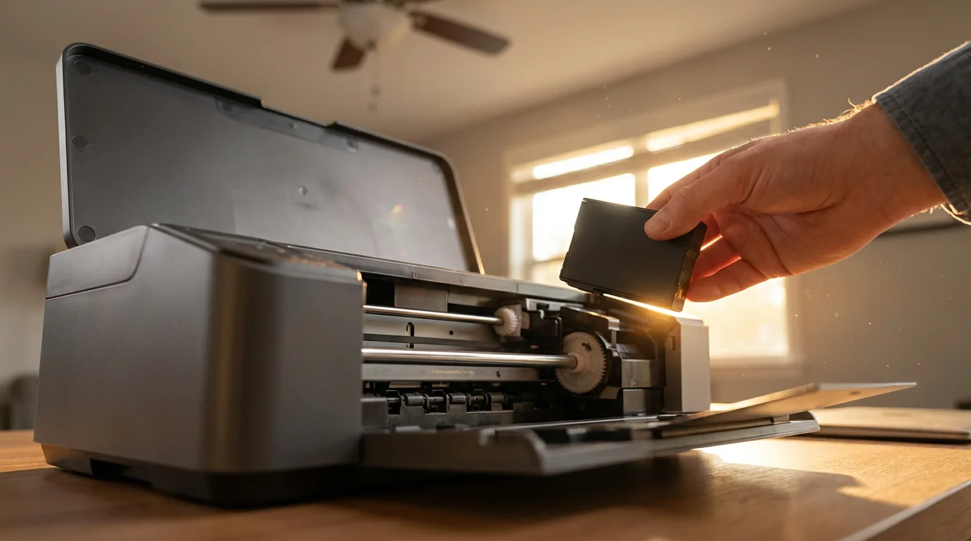 Low angle view of hand inserting new ink cartridge into printer during sunset