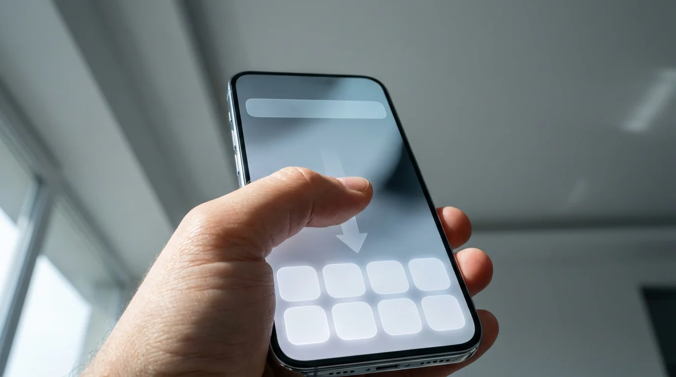 Low angle view of hand swiping down on smartphone screen to open search
