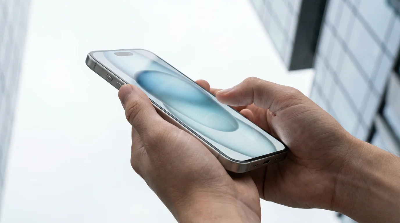 Low angle view of hands holding a smartphone outdoors under bright diffused light.