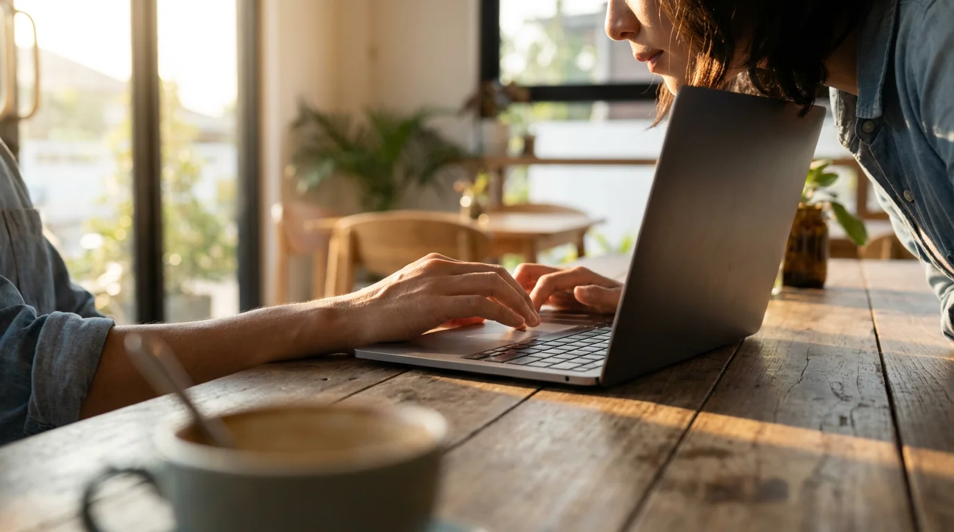 Low angle view of hands typing on a laptop in a sunlit cafe setting.