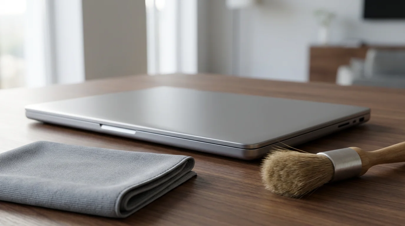 Low angle view of laptop and cleaning tools on a desk representing computer maintenance.