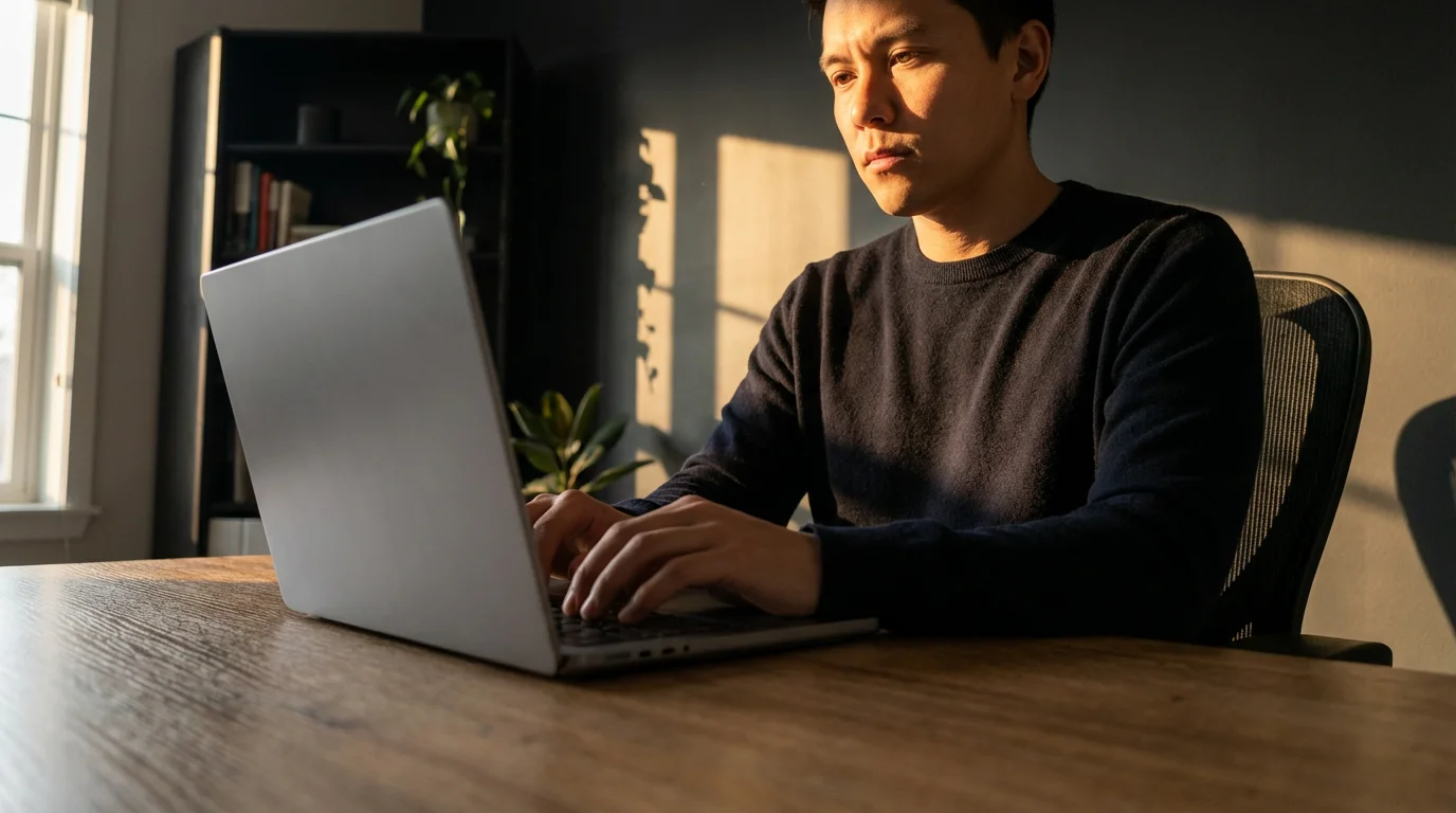 Low angle view of person typing on laptop in home office with dramatic afternoon lighting