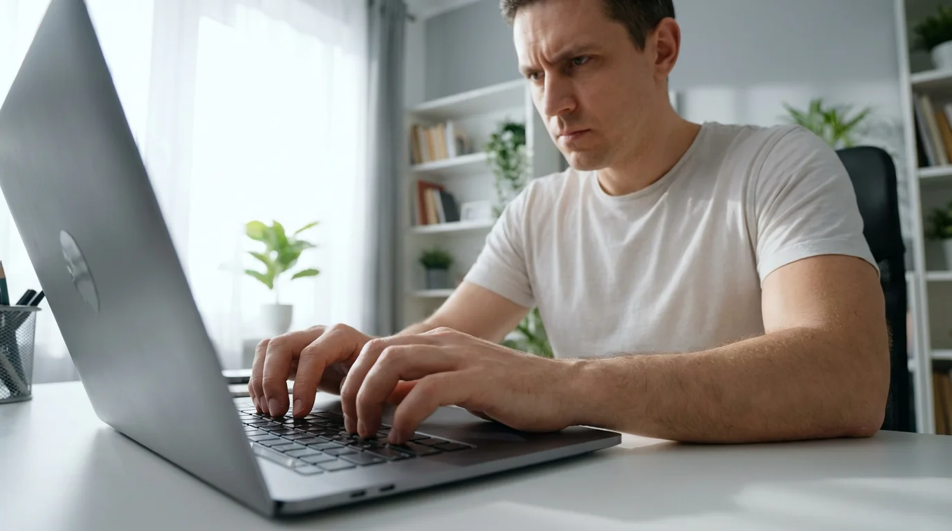 Low angle view of person typing on laptop in home office reporting fraud.