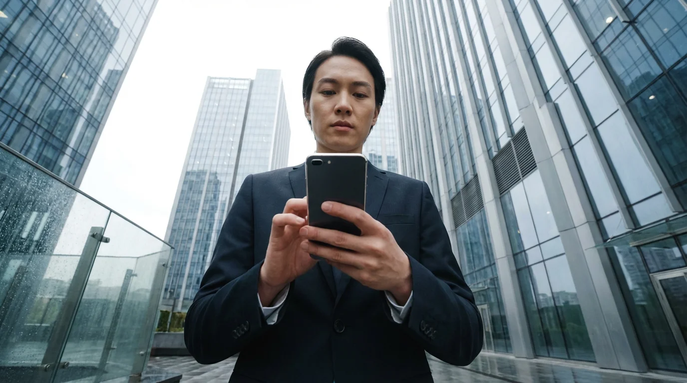Low angle view of person using smartphone security app outside modern office building.