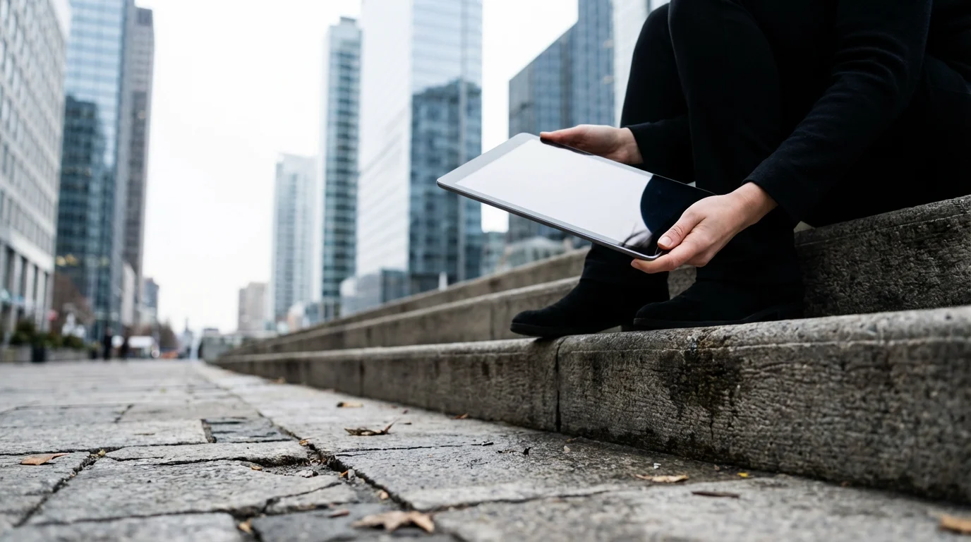 Low angle view of person using tablet on concrete steps in city setting.