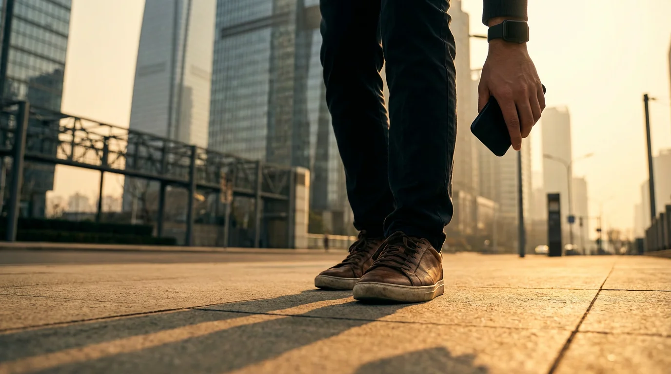 Low angle view of person walking on city street holding phone during golden hour.