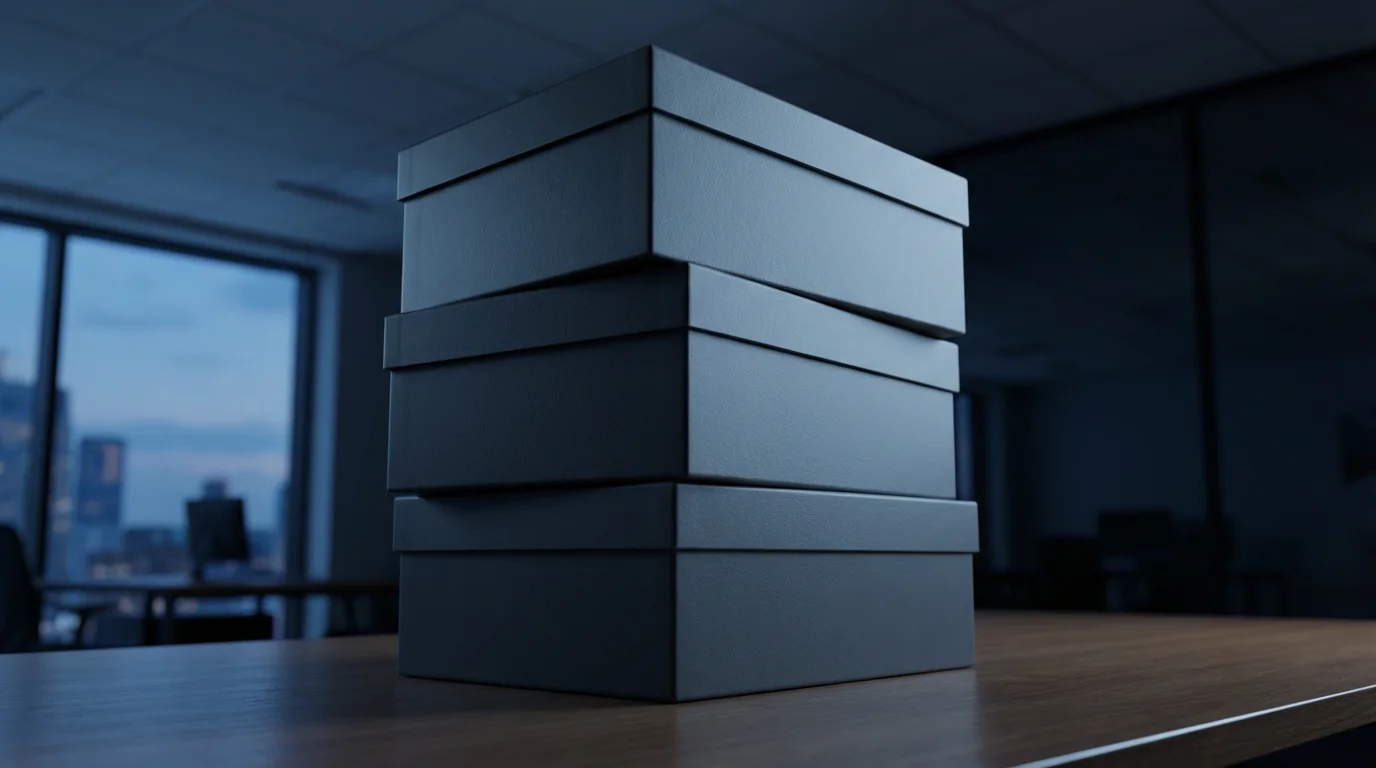Low angle view of stacked minimalist storage boxes on a desk during blue hour.