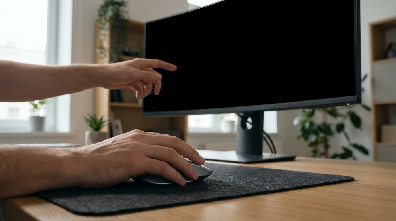 Low angle view of two hands collaborating at a computer desk near a mouse.