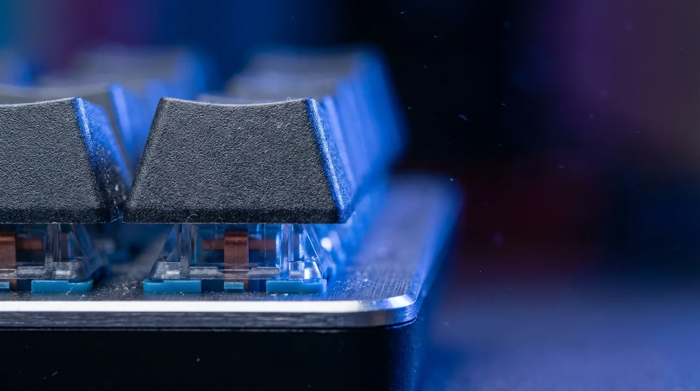 Macro close-up of a computer keyboard side profile in cool blue lighting.