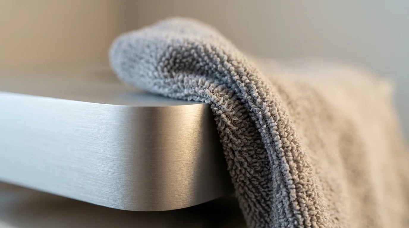 Macro close-up of a microfiber cloth cleaning a sleek silver aluminum computer surface.