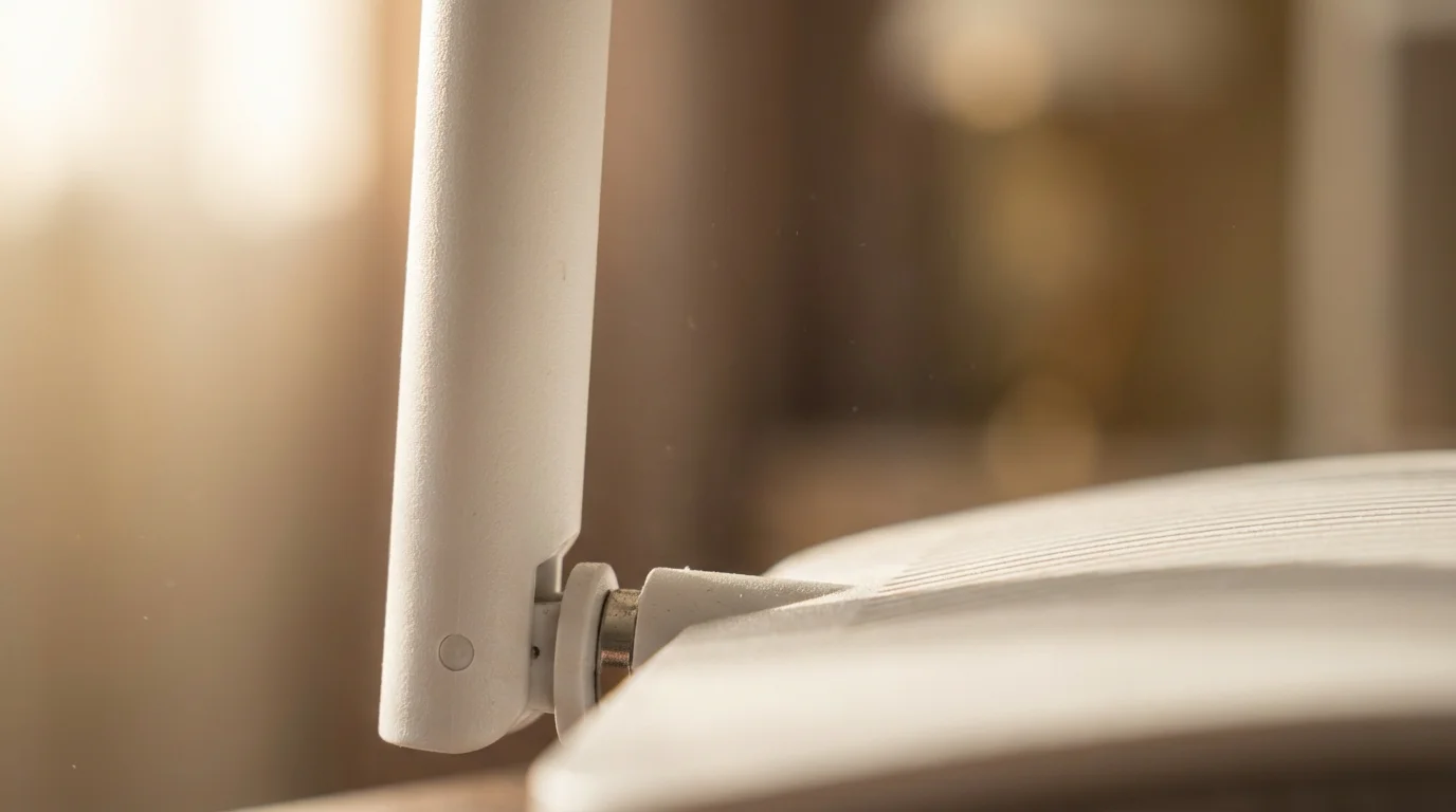 Macro close-up of a white Wi-Fi router antenna illuminated by soft morning sunlight.