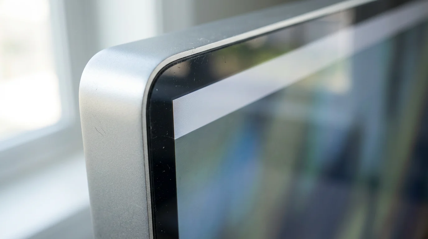 Macro close-up of silver computer monitor corner with abstract blurred menu bar.