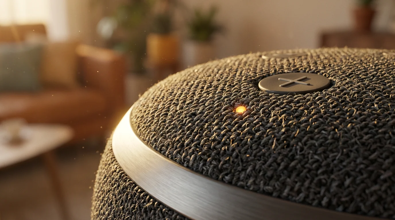 Macro close-up of smart speaker fabric texture and light ring in warm sunlight.