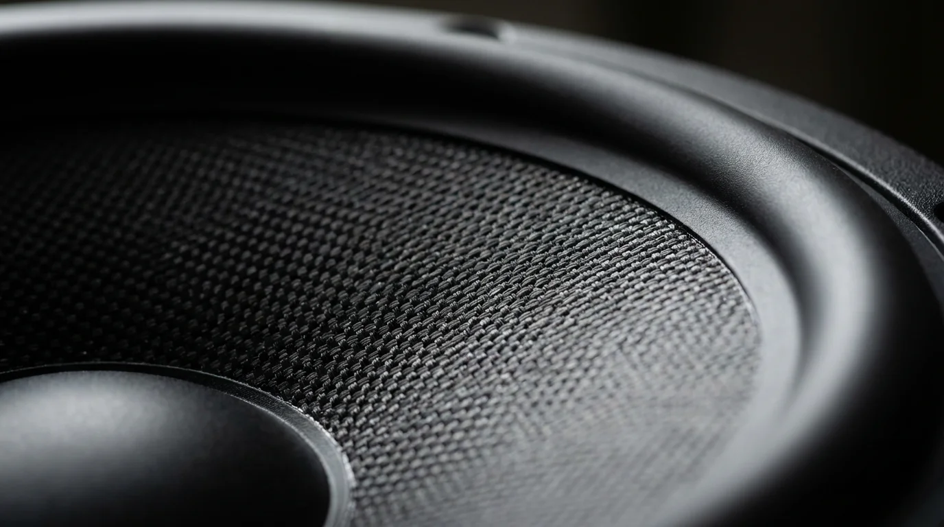 Macro close-up photography of a black woven speaker cone texture lit by window light.