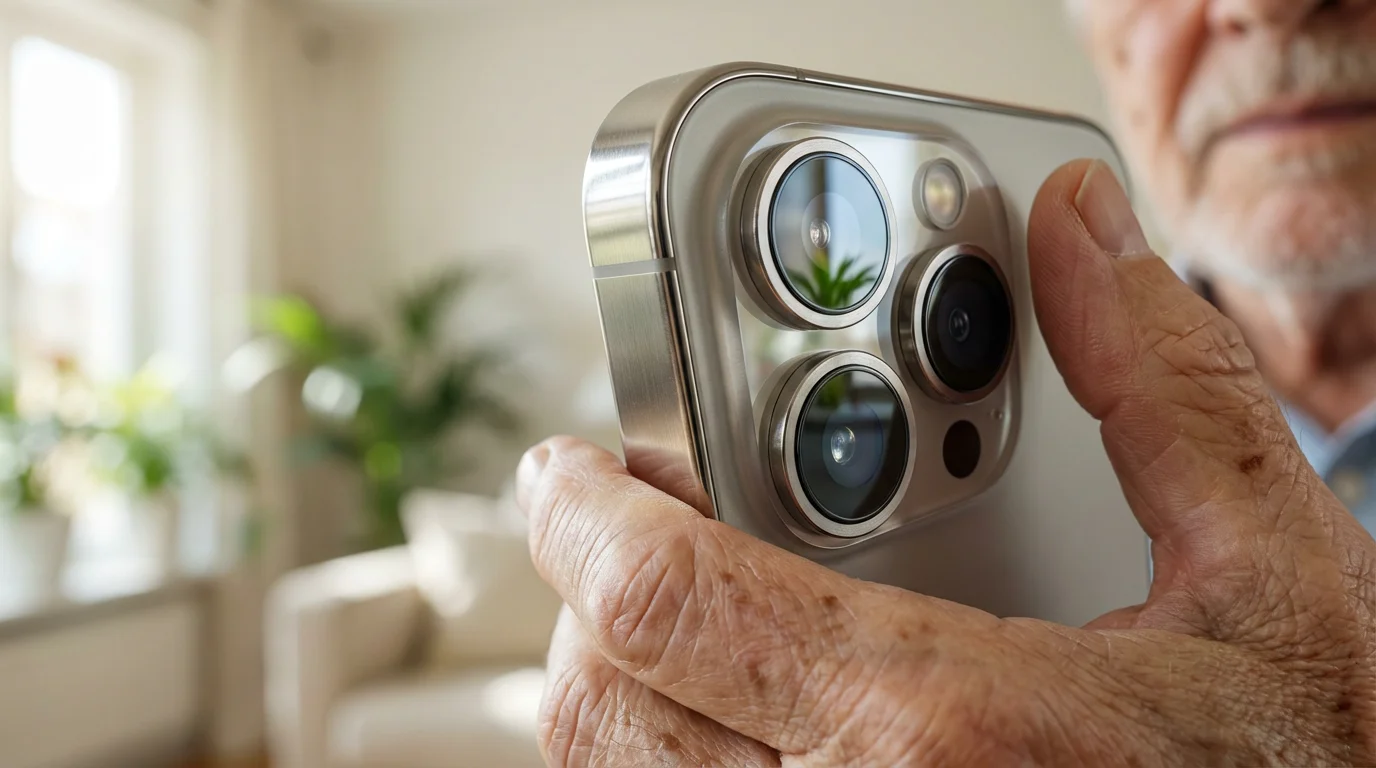 Macro detail of a smartphone camera lens held by a senior hand in natural light.