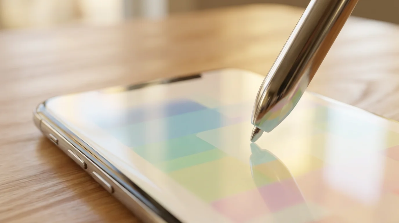 Macro photo of a stylus over a phone screen representing detailed contact organization