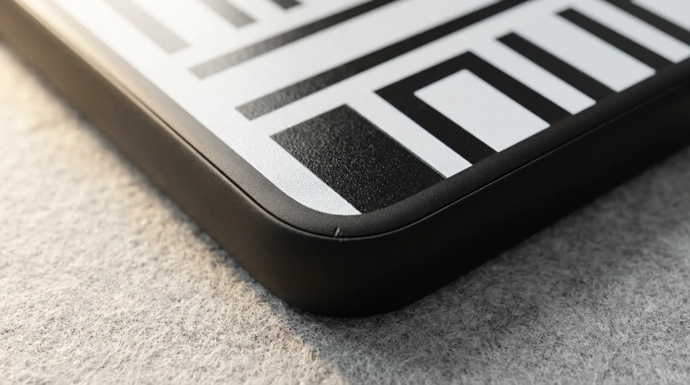 Macro photograph of a smartphone screen displaying extremely large text blocks for size testing.