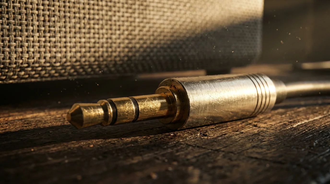 Macro photograph of an audio jack and speaker mesh in dramatic afternoon lighting.
