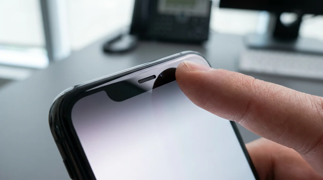 Macro photography of a finger cleaning the ambient light sensor on a smartphone screen.