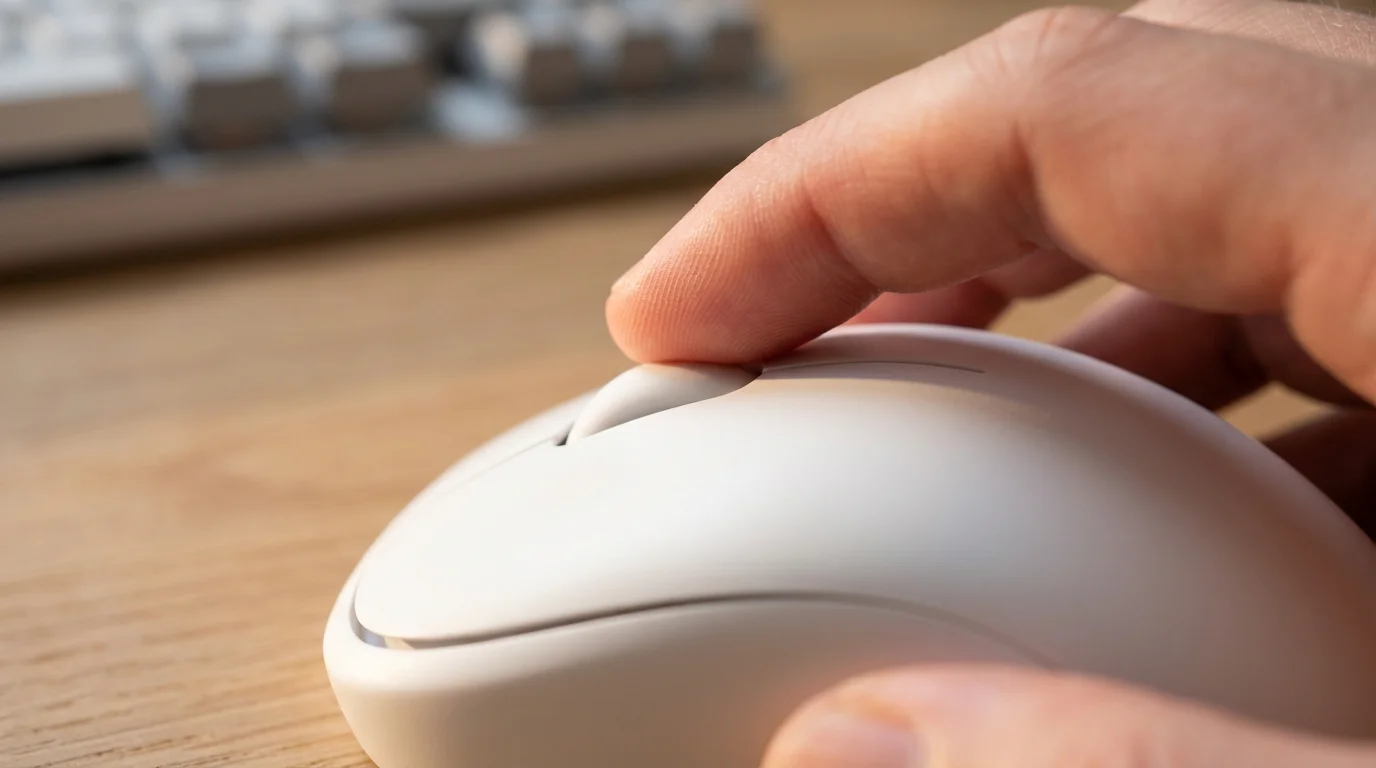 Macro photography of a finger clicking a computer mouse in soft lighting.