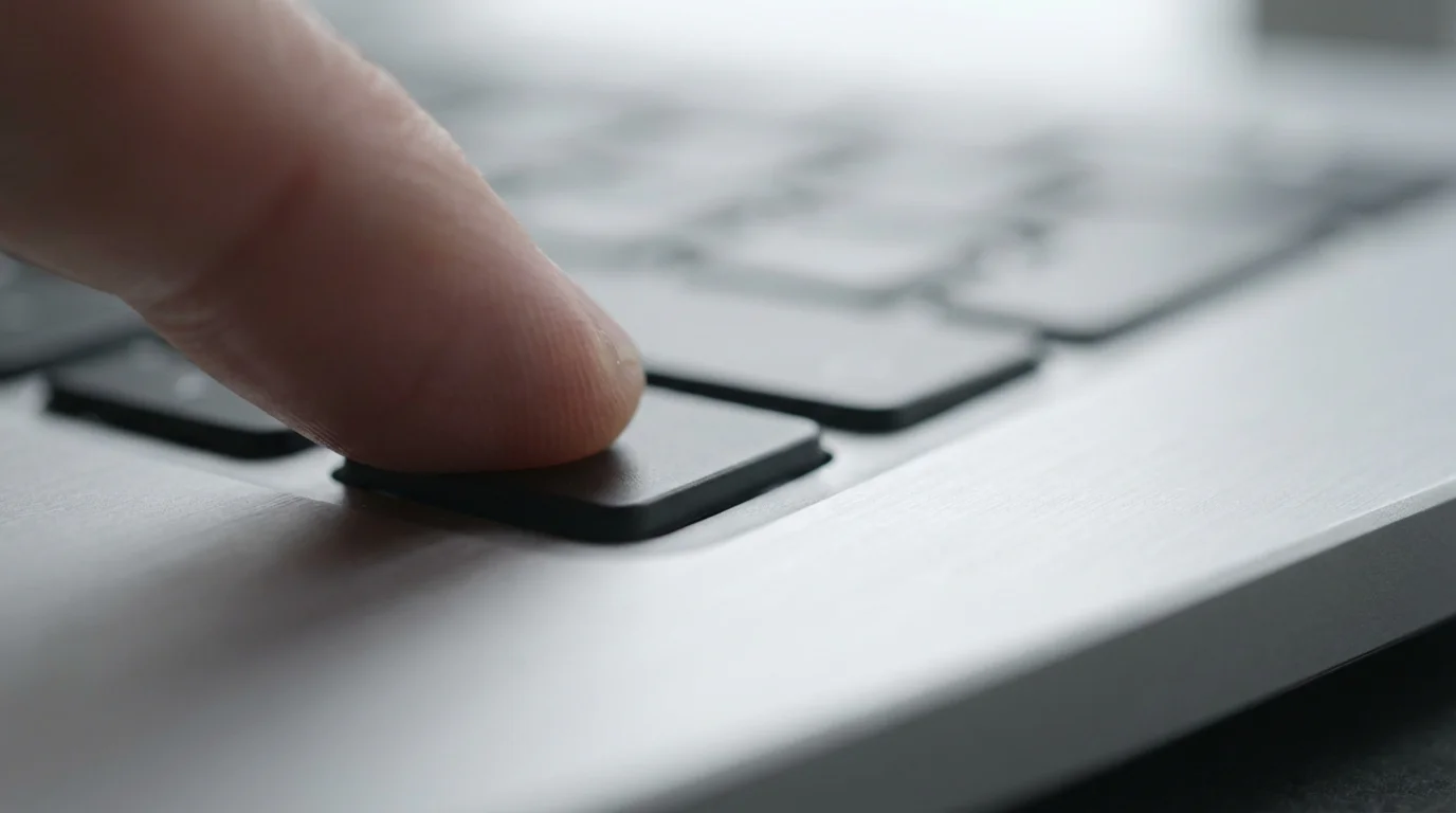 Macro photography of a finger pressing a laptop key implies application management on a Mac.