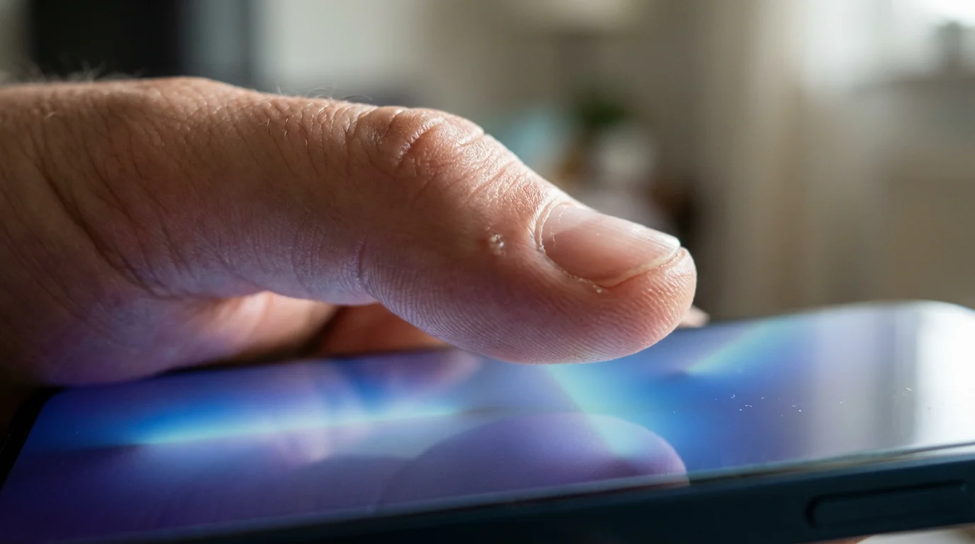 Macro photography of a finger tapping a phone screen with natural lighting reflections.