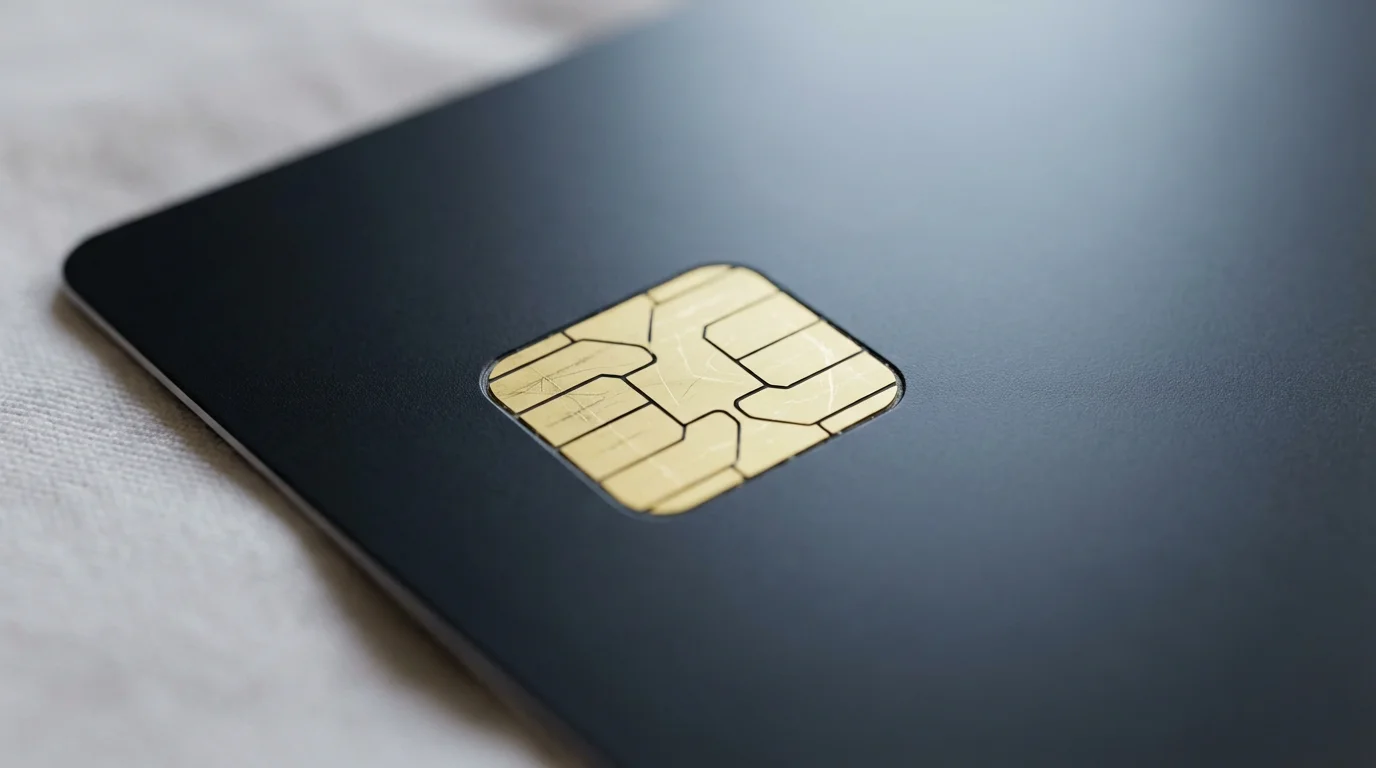 Macro photography of a gold smart chip on a bank card.