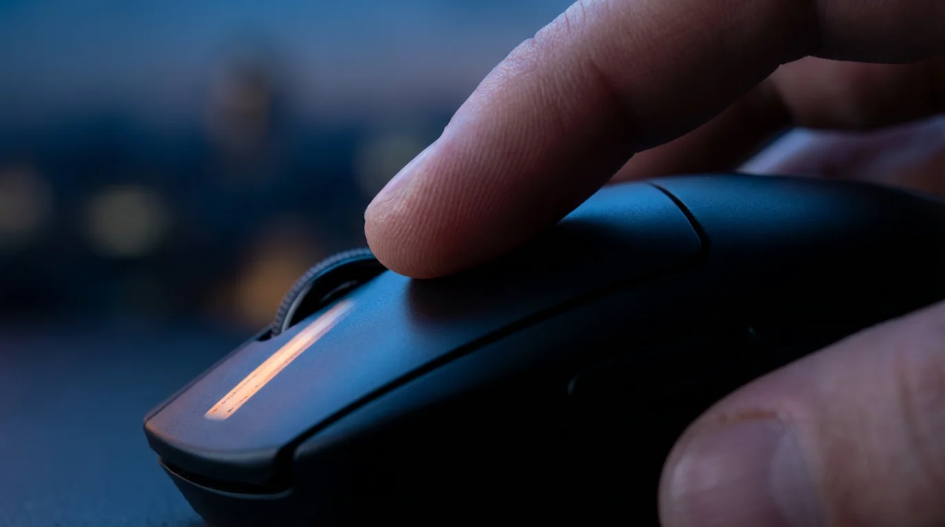Macro photography of a hand using a computer mouse during the blue hour