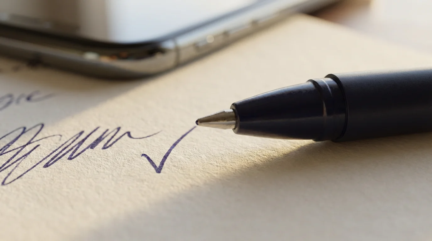 Macro photography of a pen marking a checklist on paper with a phone nearby.