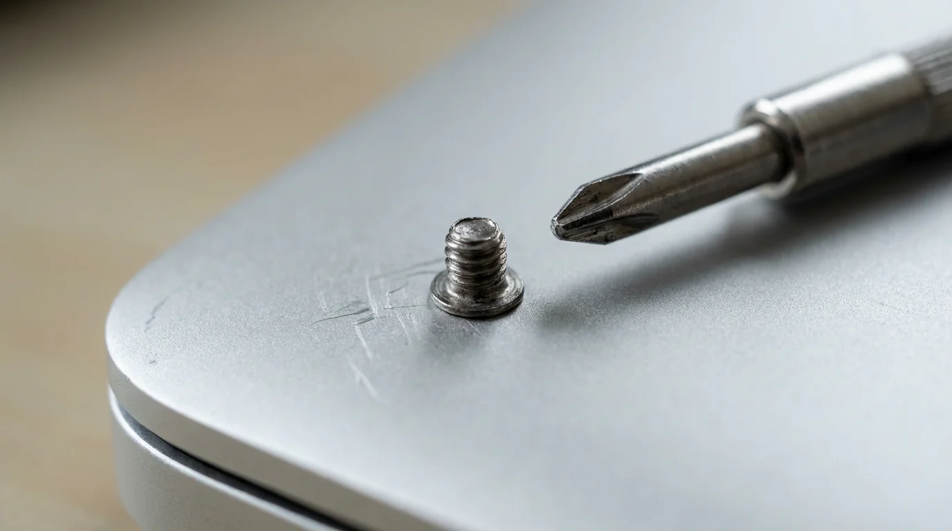 Macro photography of a precision tool repairing a laptop computer hardware component.