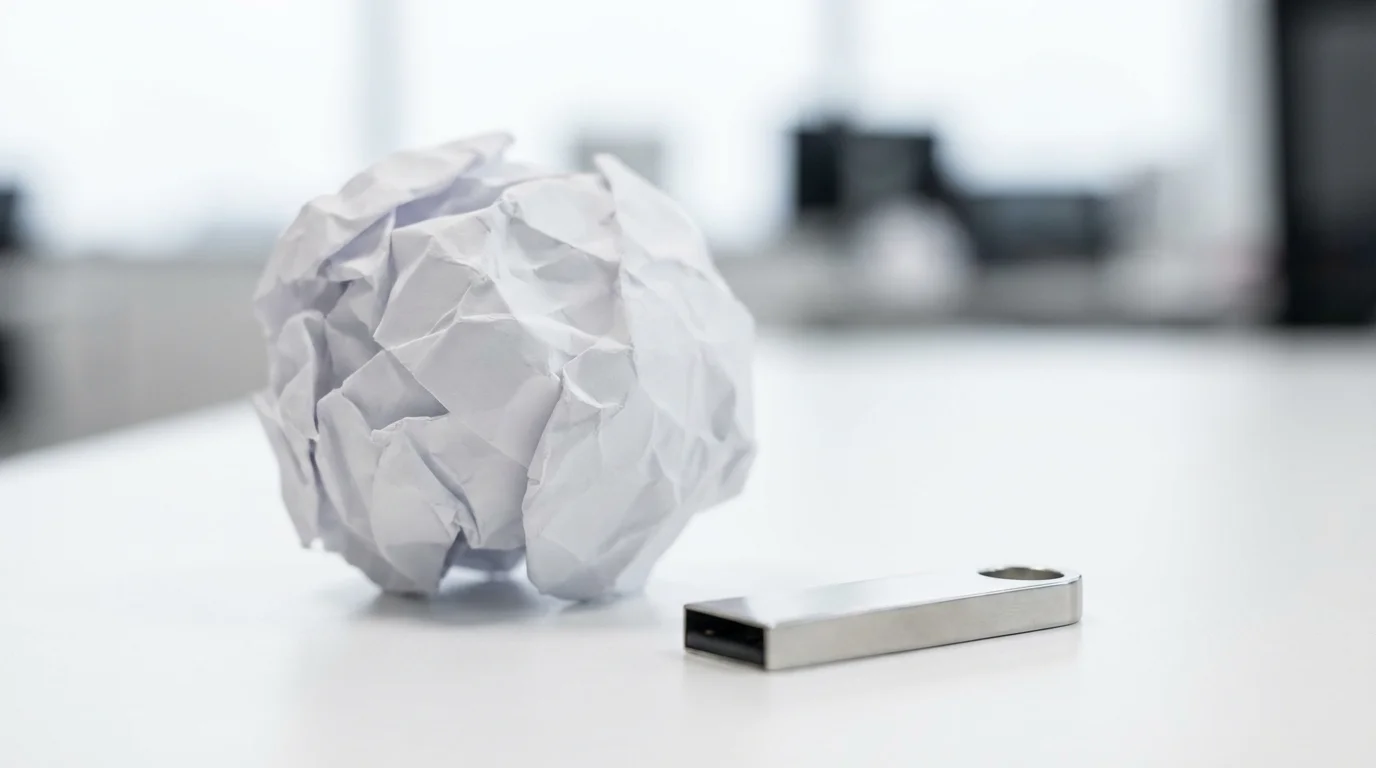 Macro photography of crumpled paper and a USB drive on a white desk representing file cleanup.